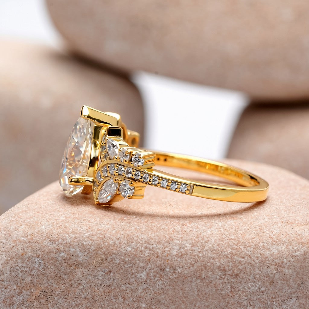 1.5 Carat Center Pear, Marquise, Round Cut Moissanite Diamond Engagement Ring