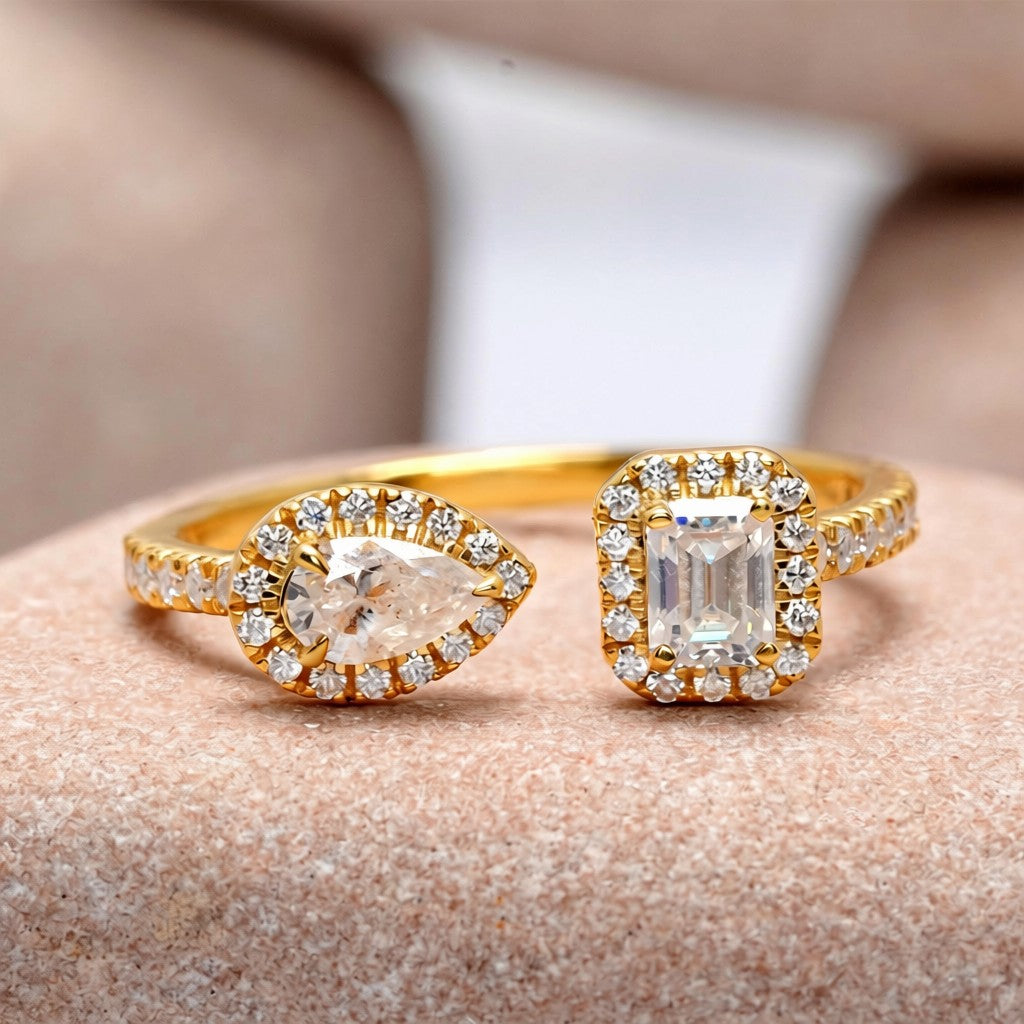 0.75 Carat Emerald, Pear Cut Halo Moissanite Diamond Ring