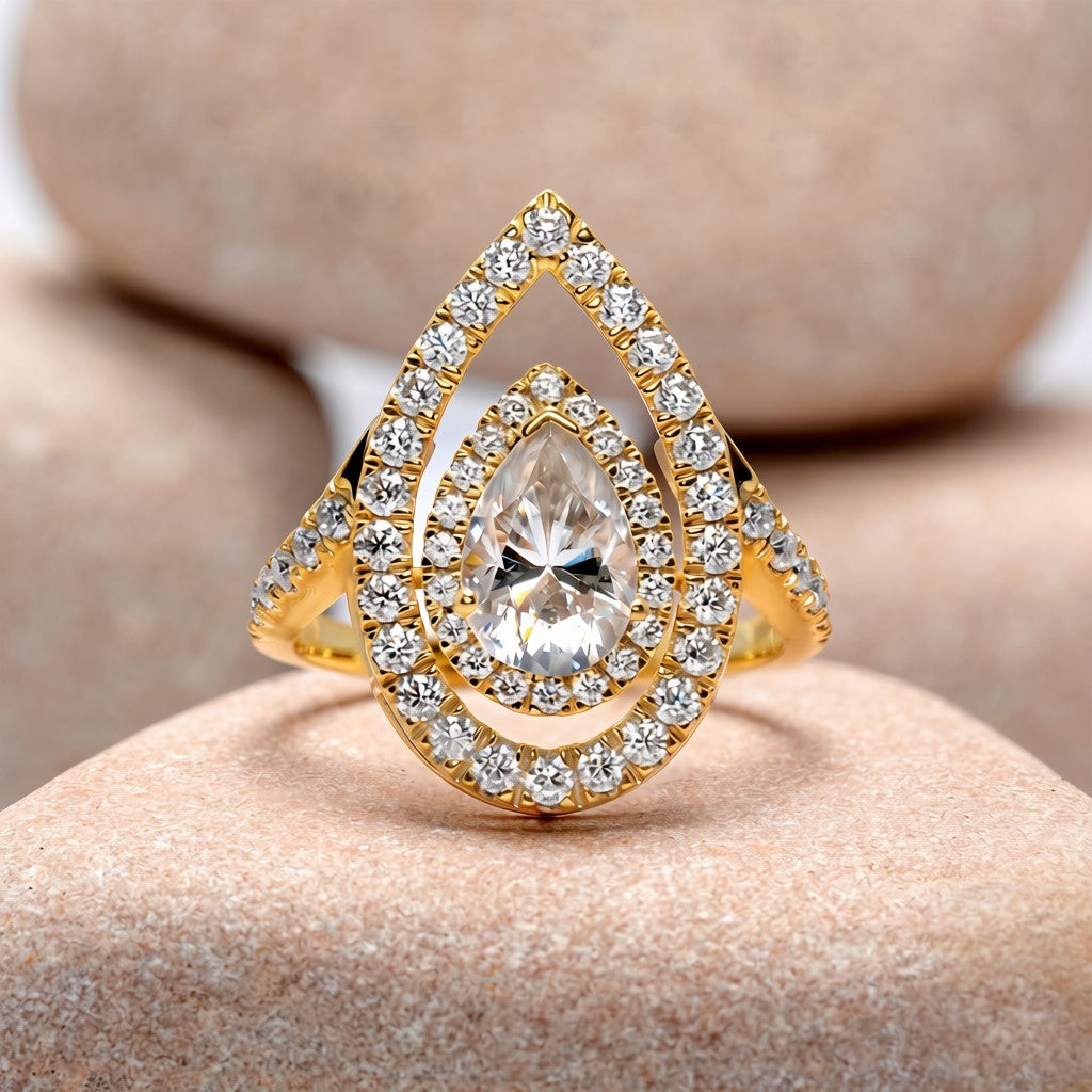 1 Carat Center Pear, Round Cut Moissanite Diamond Engagement Ring