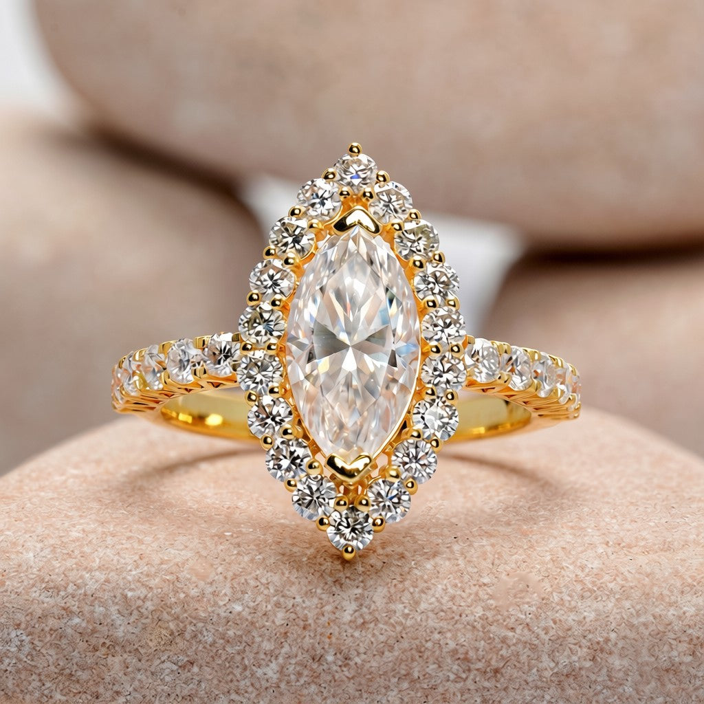 1.5 Carat Center Marquise, Round Cut Moissanite Diamond Engagement Ring