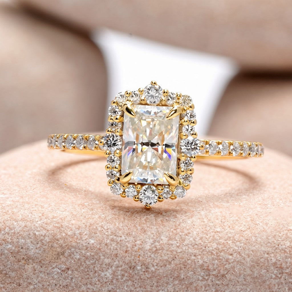 1 Carat Center Radiant, Round Cut Moissanite Diamond Engagement Ring