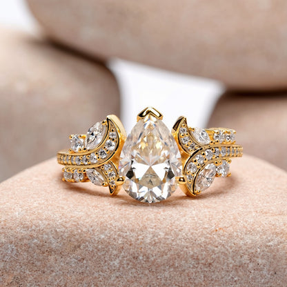 1.5 Carat Center Pear, Marquise, Round Cut Moissanite Diamond Engagement Ring