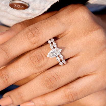 1.5 Carat Center Marquise Cut Moissanite Diamond Ring with Double Band