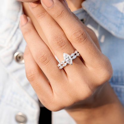 1.5 Carat Center Marquise Cut Moissanite Diamond Ring with Double Band