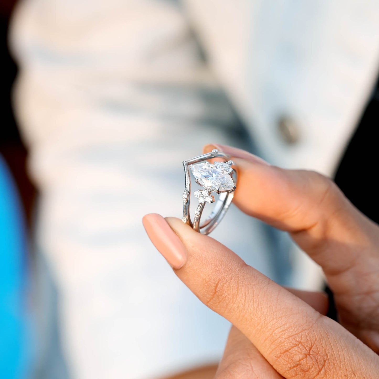 1.5 Carat Center Marquise Cut Moissanite Diamond Engagement Ring