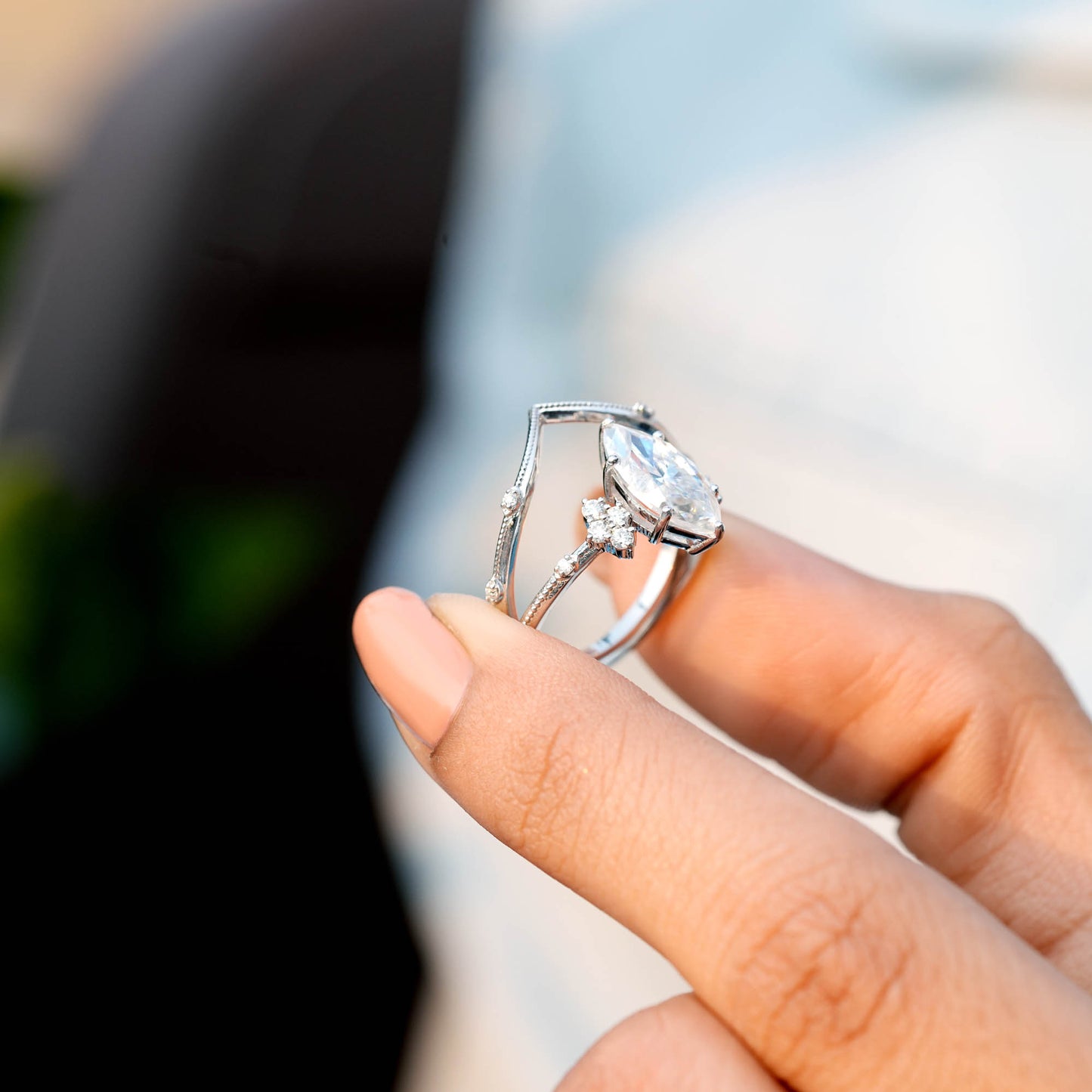 1.5 Carat Center Marquise Cut Moissanite Diamond Engagement Ring