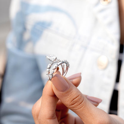 1.5 Carat Center Marquise Cut Moissanite Diamond Ring with Double Band