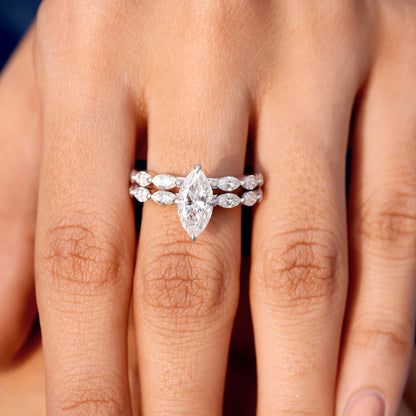 1.5 Carat Center Marquise Cut Moissanite Diamond Ring with Double Band