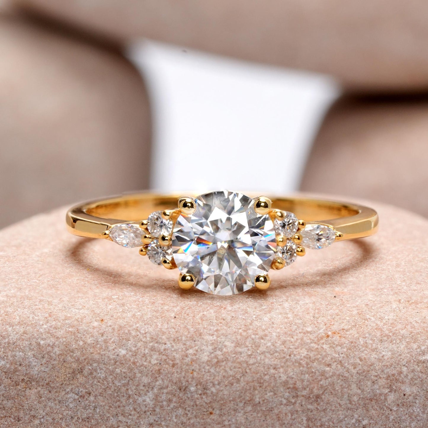 1 Carat Center Round, Marquise cut, Moissanite Diamond Engagement Ring