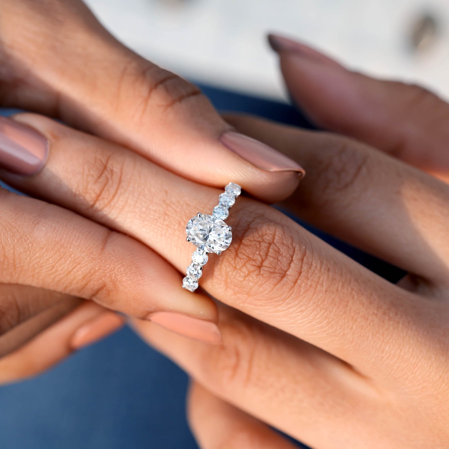 1.5 Carat Center Oval, Round Cut Moissanite Diamond Engagement Ring