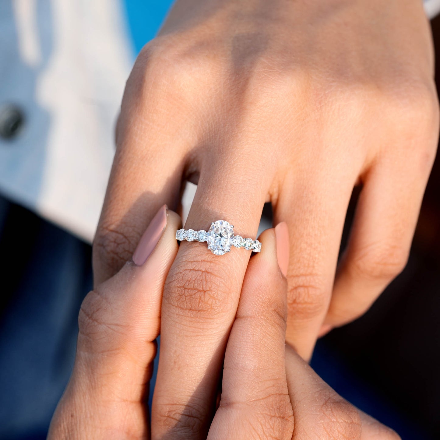 1.5 Carat Center Oval, Round Cut Moissanite Diamond Engagement Ring