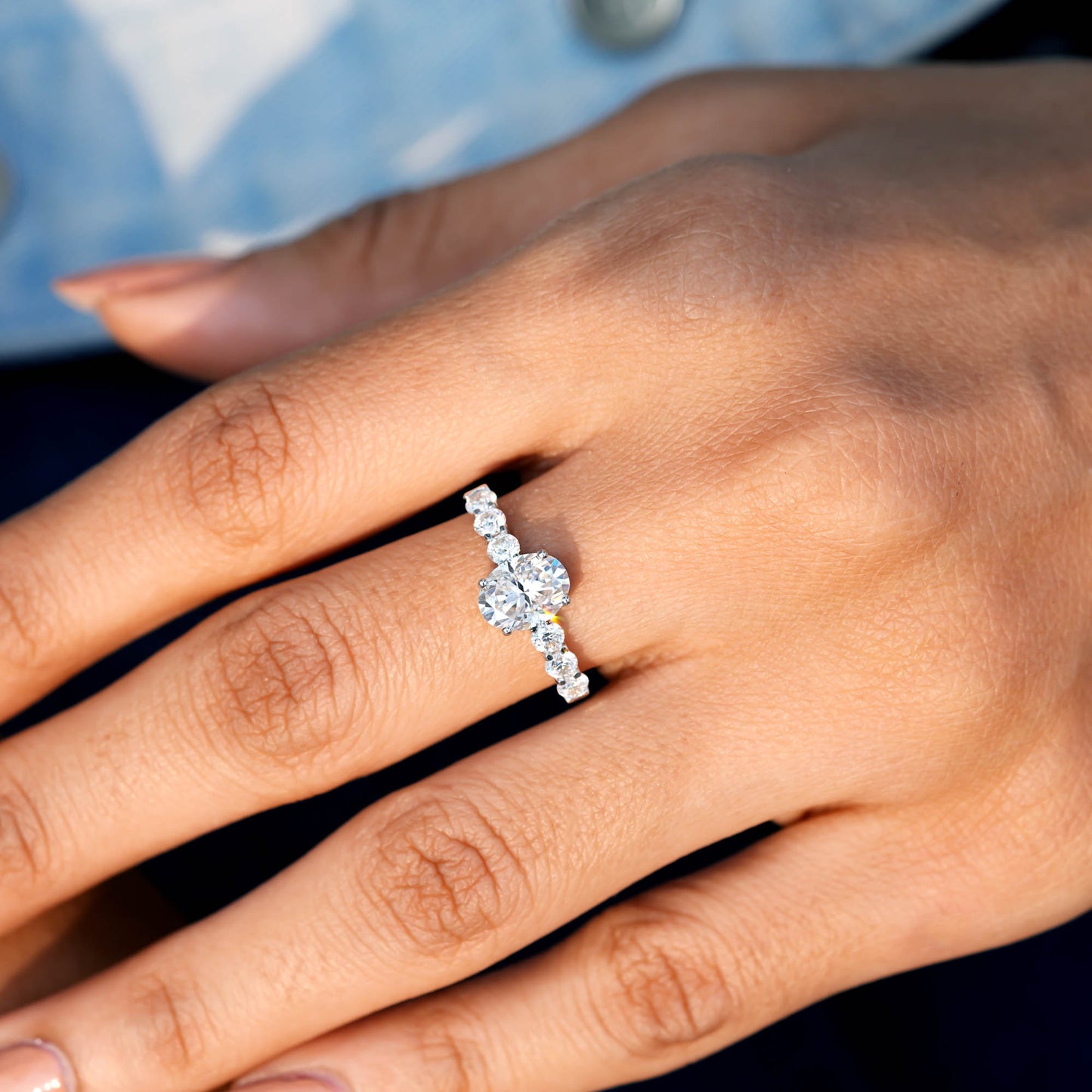 1.5 Carat Center Oval, Round Cut Moissanite Diamond Engagement Ring