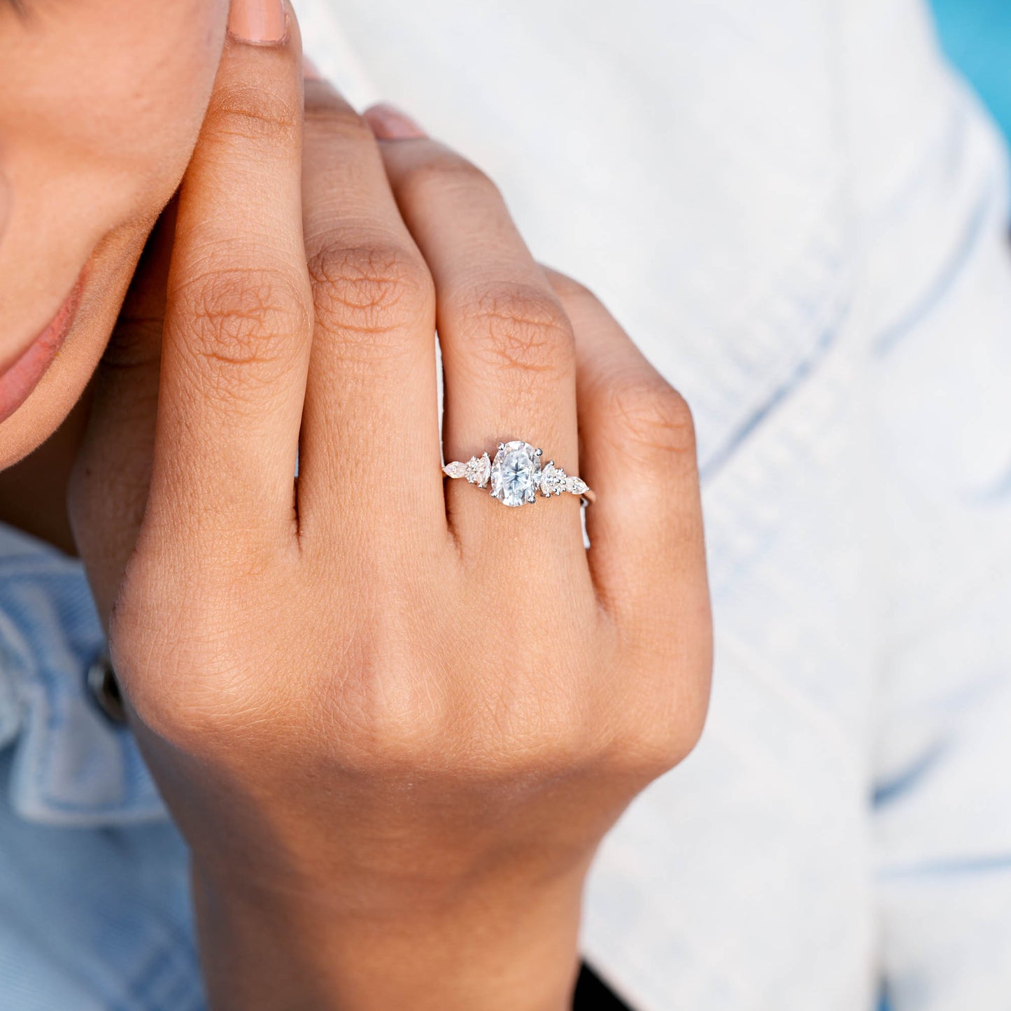 1.5 Carat Center Oval, Marquise Cut Moissanite Diamond Engagement Ring