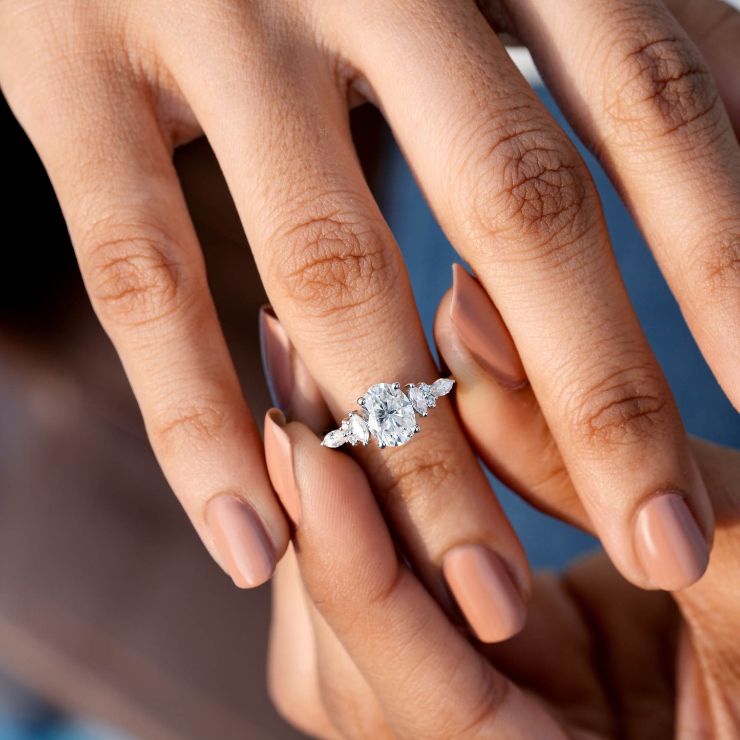 1.5 Carat Center Oval, Marquise Cut Moissanite Diamond Engagement Ring