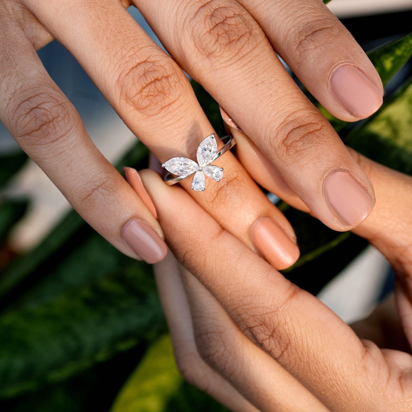 1.10 Carat Pear, Marquise Cut Moissanite Diamond Butterfly Ring