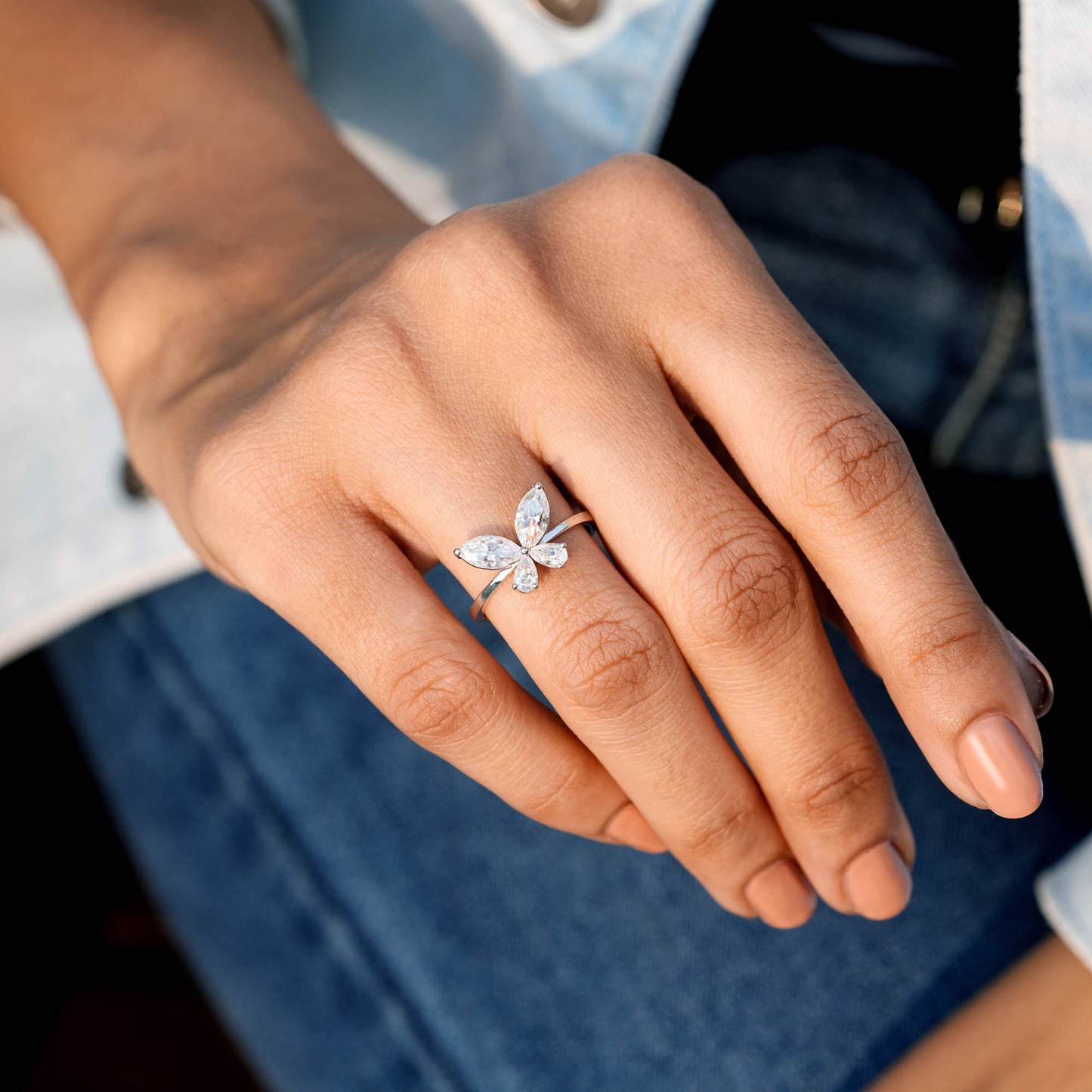 1.10 Carat Pear, Marquise Cut Moissanite Diamond Butterfly Ring