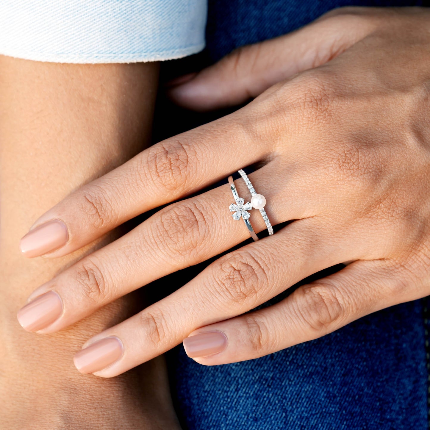 0.80 Carat Pear Cut Moissanite Diamond Pearl Engagement Ring