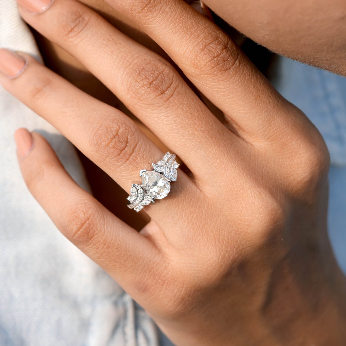1.5 Carat Center Pear, Marquise, Round Cut Moissanite Diamond Engagement Ring