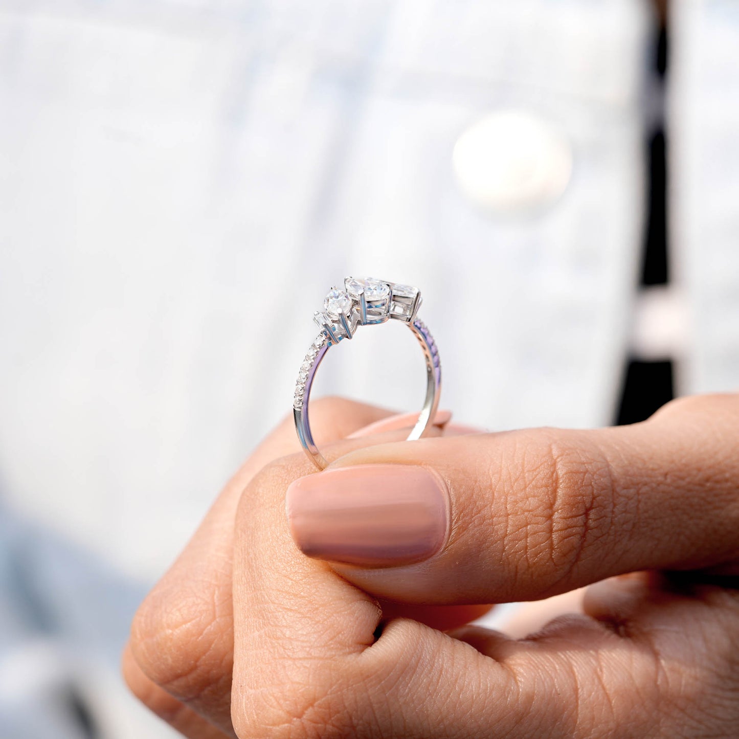 0.70 Carat Pear Cut Moissanite Diamond Three Stone Engagement Ring