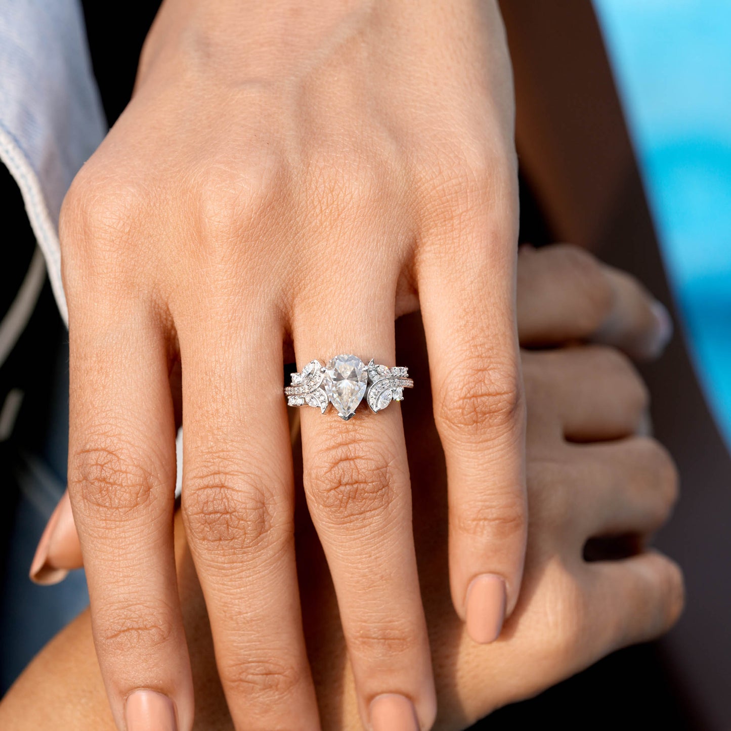 1.5 Carat Center Pear, Marquise, Round Cut Moissanite Diamond Engagement Ring