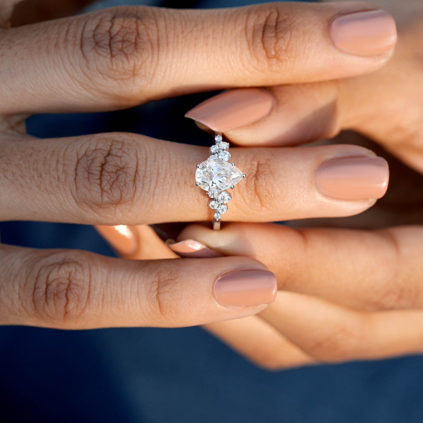 1.5 Carat Center Pear, Round Cut Moissanite Diamond Engagement Ring