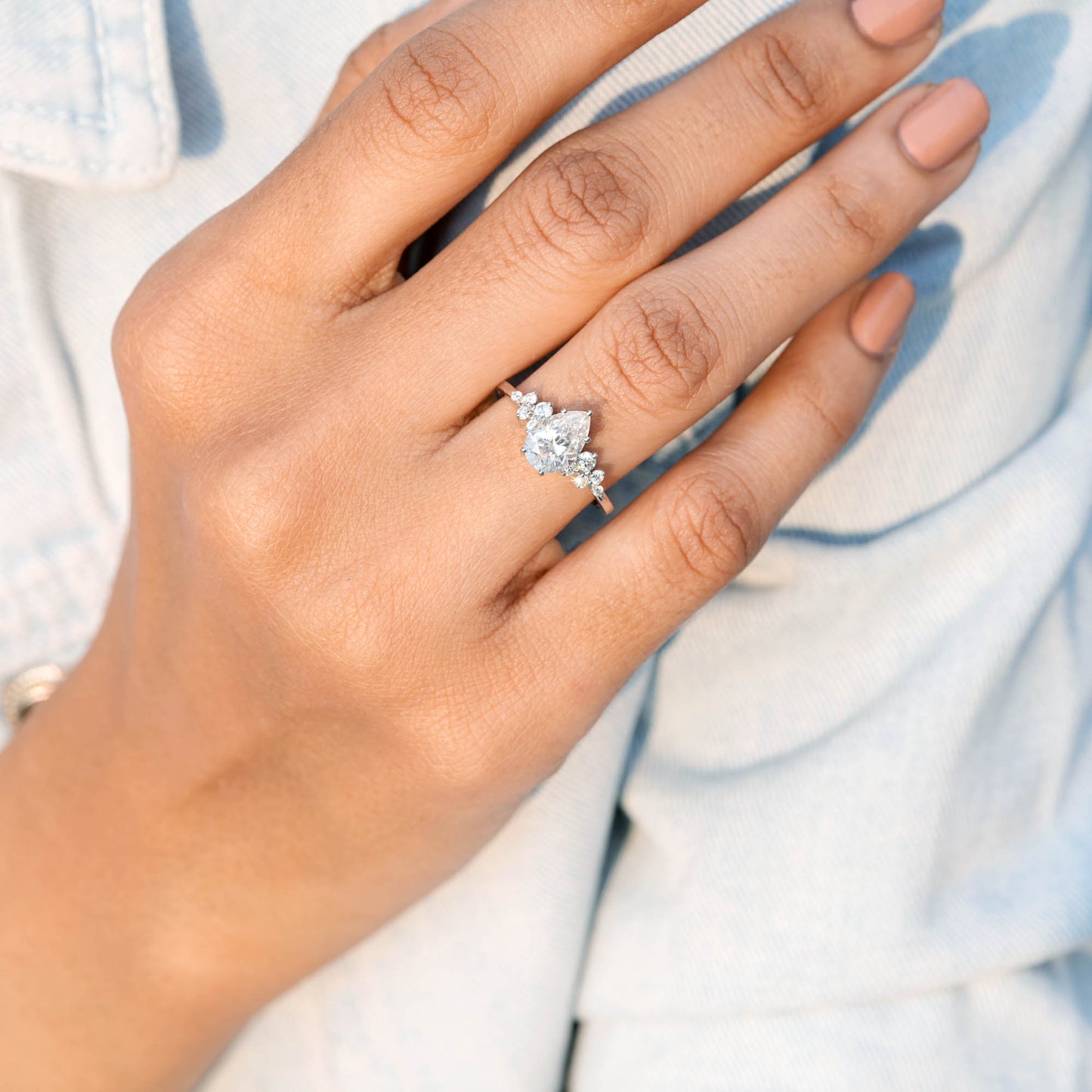 1.5 Carat Center Pear, Round Cut Moissanite Diamond Engagement Ring