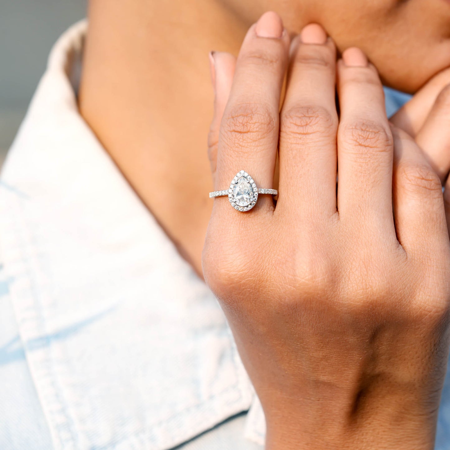 1.5 Carat Center Pear, Round Cut Moissanite Diamond Engagement Ring
