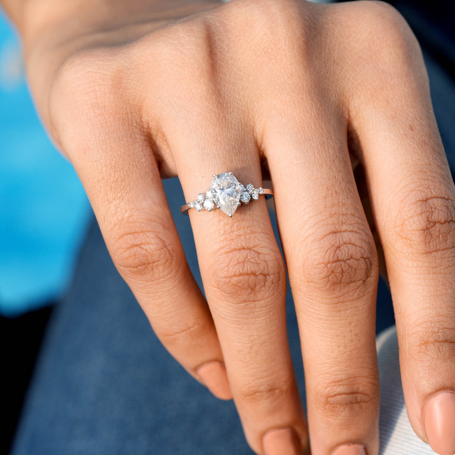 1.5 Carat Center Pear, Round Cut Moissanite Diamond Engagement Ring