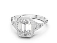 2 Carat Emerald Cut Lab Grown Diamond Halo Engagement Ring with Geometric Side Accents