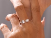 0.75 Carat Emerald, Pear Cut Halo Moissanite Diamond Ring