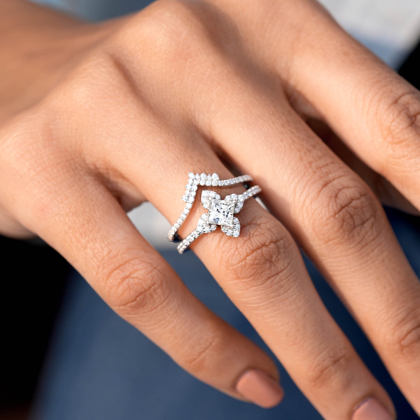 0.75 Carat Center Princess Cut Moissanite Diamond Engagement Ring