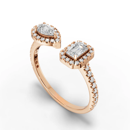 0.75 Carat Emerald, Pear Cut Halo Moissanite Diamond Ring
