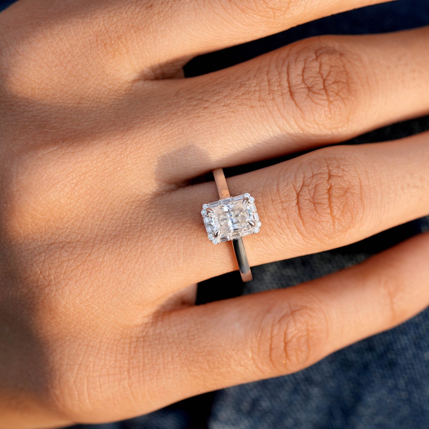 1 Carat Center Radiant, Baguette Cut Moissanite Diamond Engagement Ring