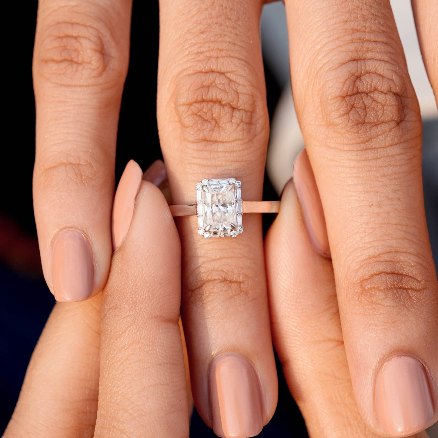 1 Carat Center Radiant, Baguette Cut Moissanite Diamond Engagement Ring