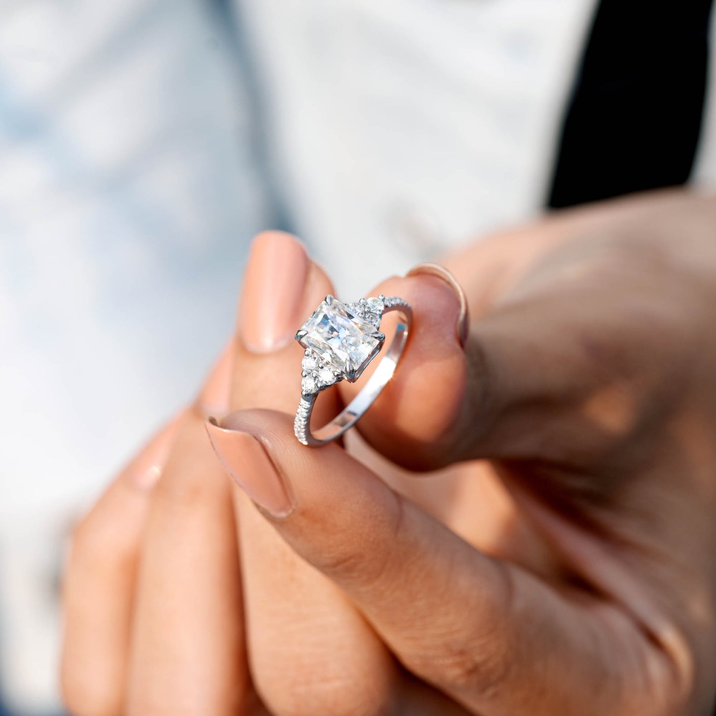 1.5 Carat Center Radiant Cut Moissanite Diamond Engagement Ring