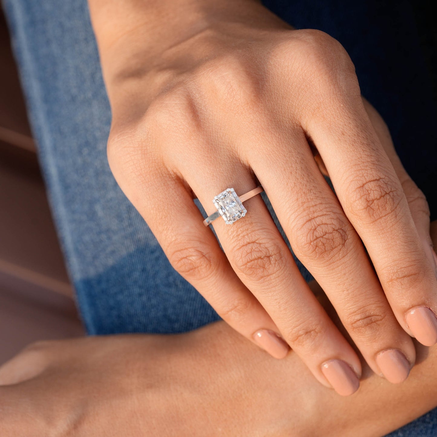1 Carat Center Radiant, Baguette Cut Moissanite Diamond Engagement Ring