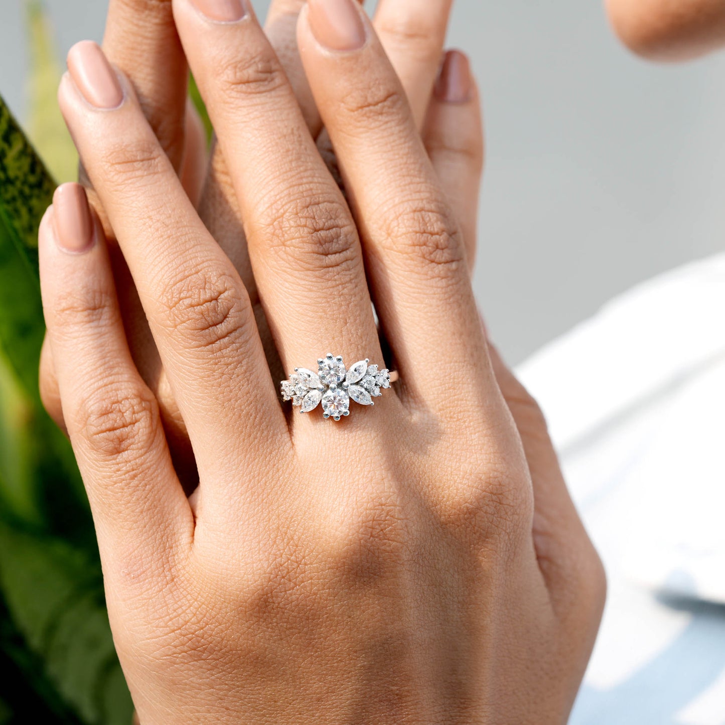 1.45 Carat Marquise, Round Cut Moissanite Diamond Engagement Ring