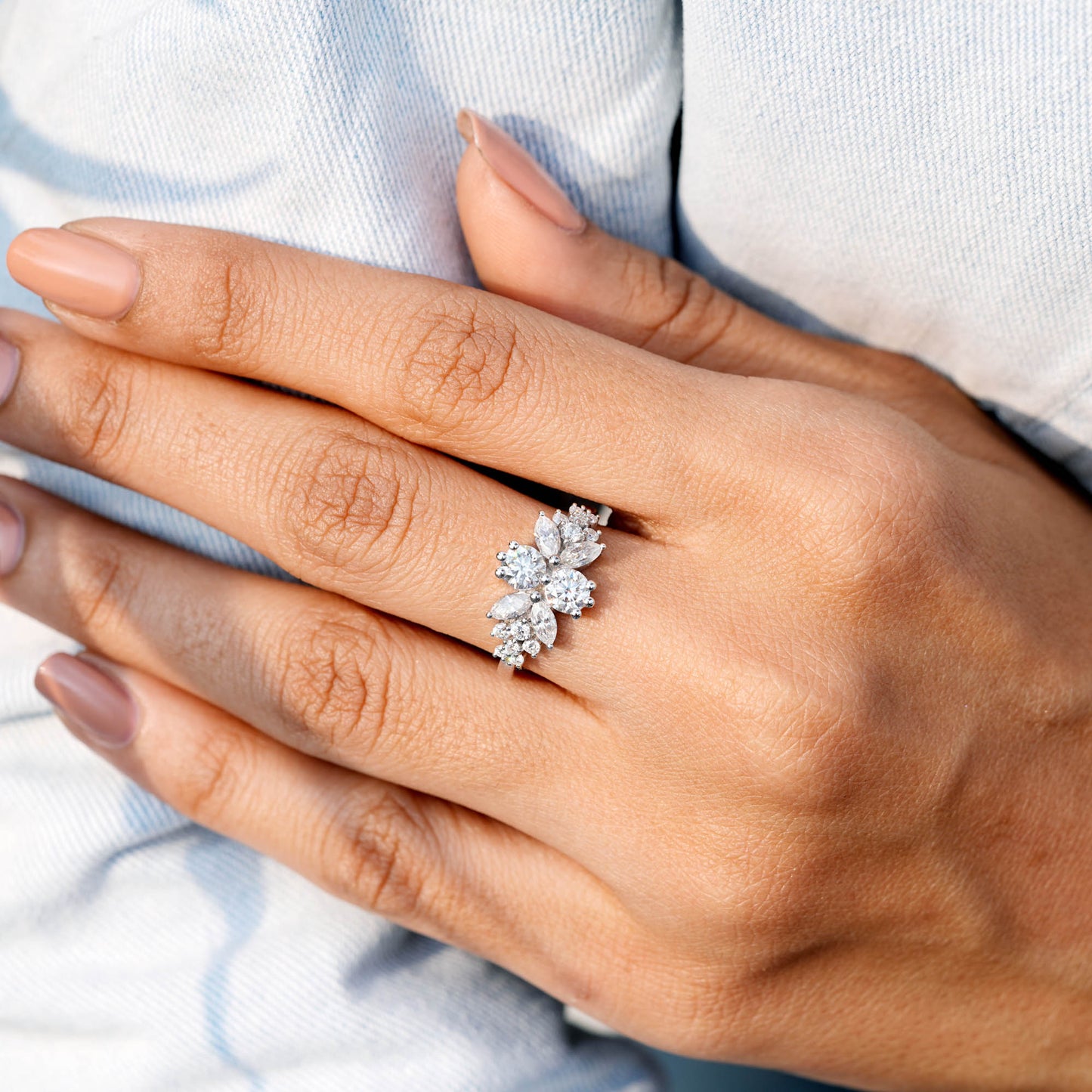 1.45 Carat Marquise, Round Cut Moissanite Diamond Engagement Ring