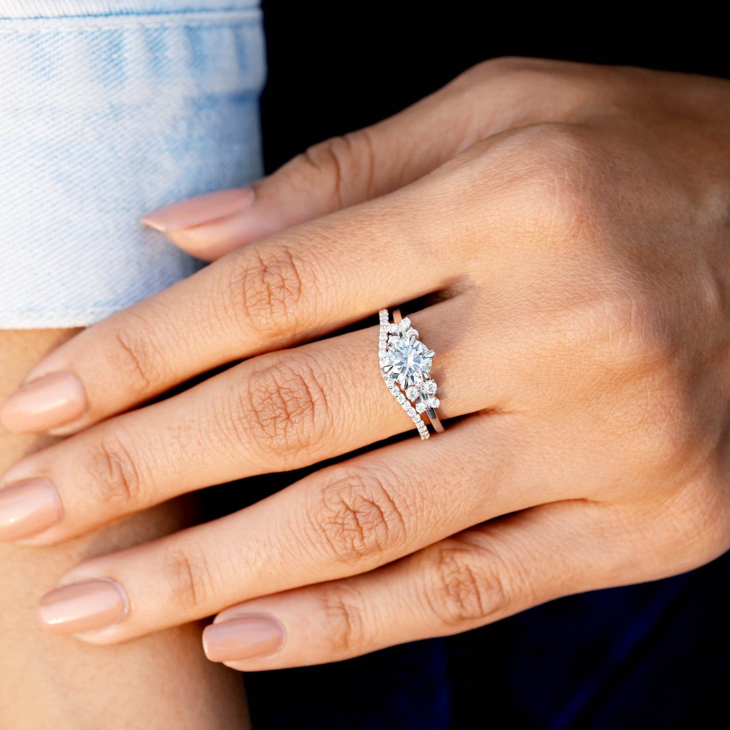 1.5 Carat Center Round Cut Moissanite Diamond Ring with Curved Band