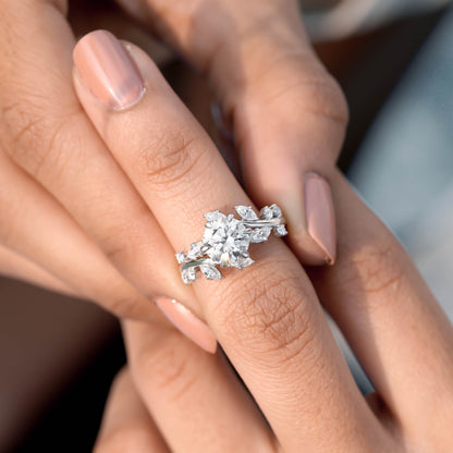 1.5 Carat Center Round, Marquise Cut Moissanite Diamond Engagement Ring
