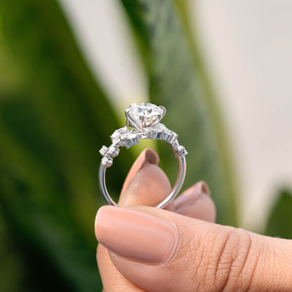 1.5 Carat Center Round, Marquise Cut Moissanite Diamond Engagement Ring