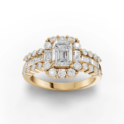 1 Carat Center Emerald, Baguette Cut Moissanite Diamond Engagement Ring