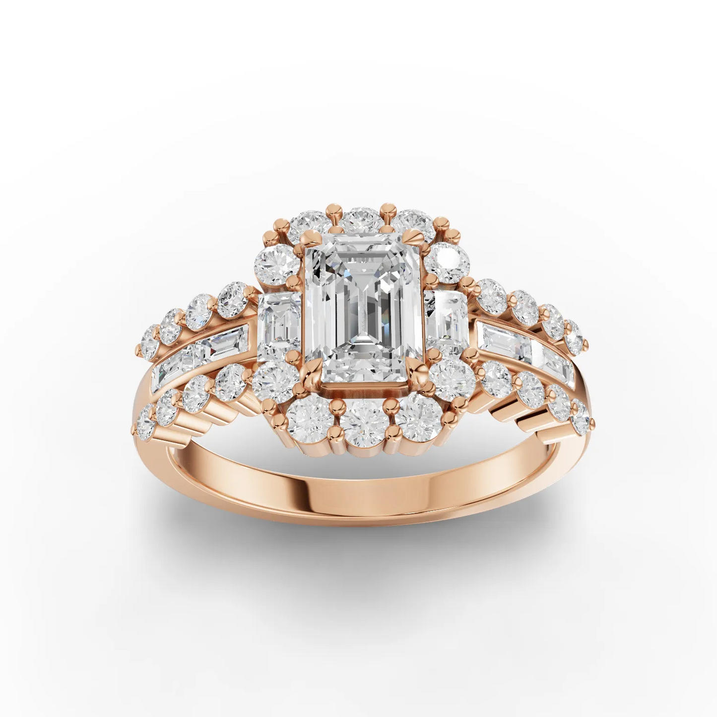 1 Carat Center Emerald, Baguette Cut Moissanite Diamond Engagement Ring