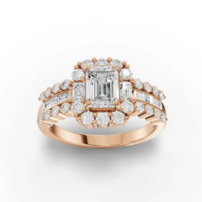 1 Carat Center Emerald, Baguette Cut Moissanite Diamond Engagement Ring