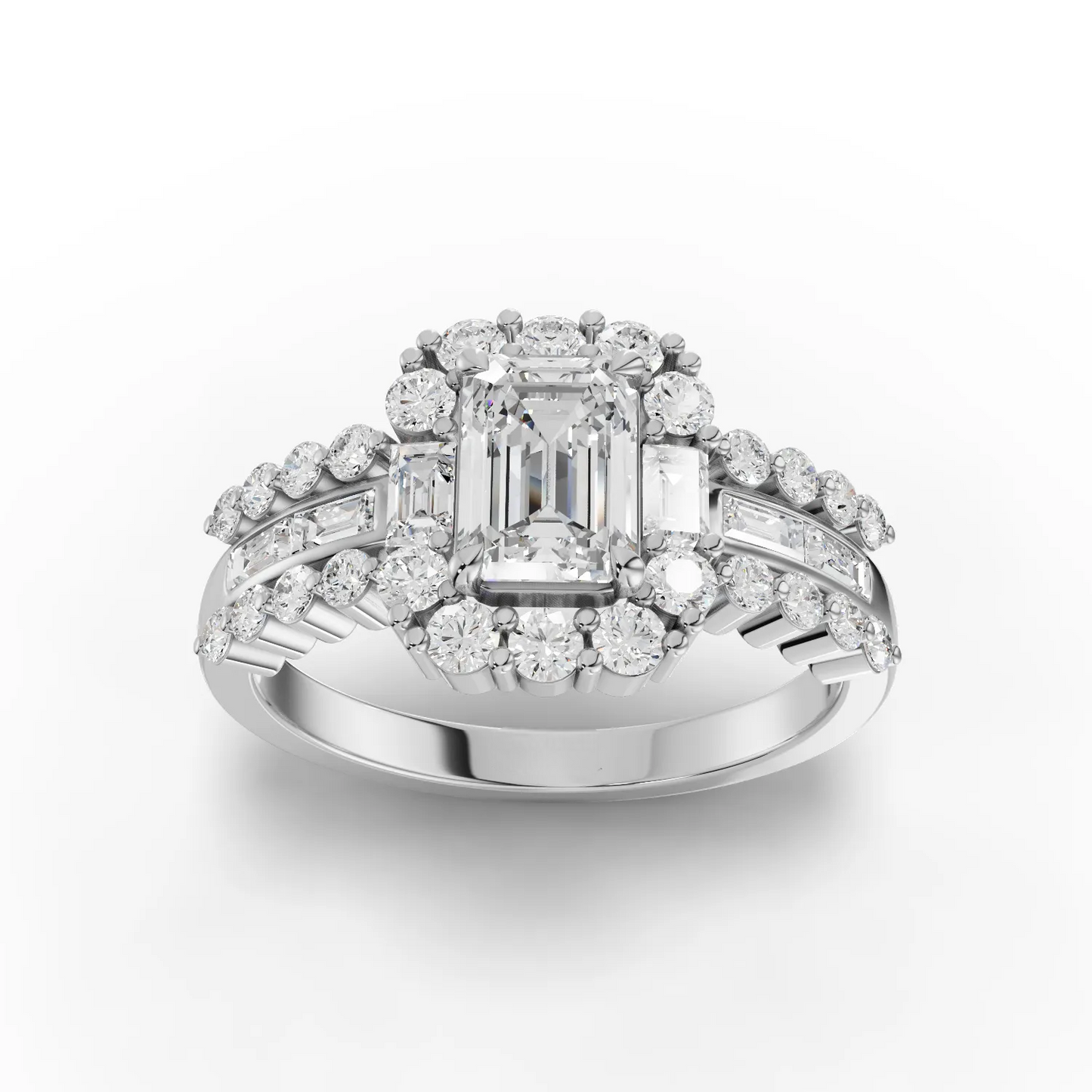 1 Carat Center Emerald, Baguette Cut Moissanite Diamond Engagement Ring