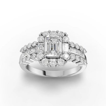 1 Carat Center Emerald, Baguette Cut Moissanite Diamond Engagement Ring