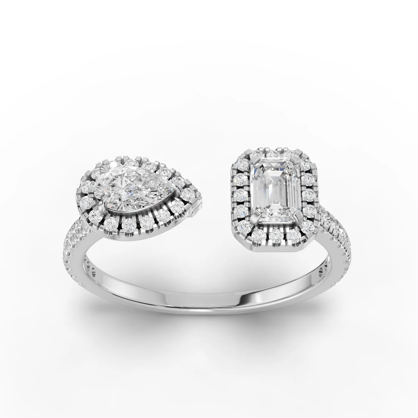 0.75 Carat Emerald, Pear Cut Halo Moissanite Diamond Ring