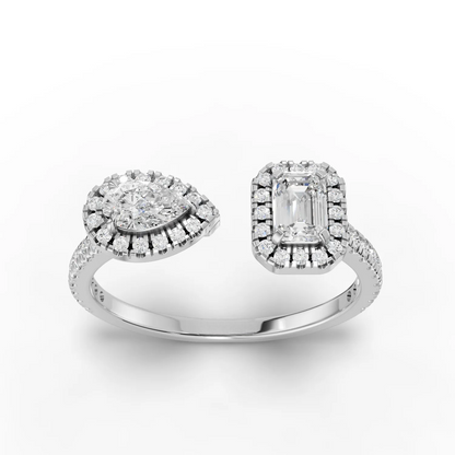 0.75 Carat Emerald, Pear Cut Halo Moissanite Diamond Ring
