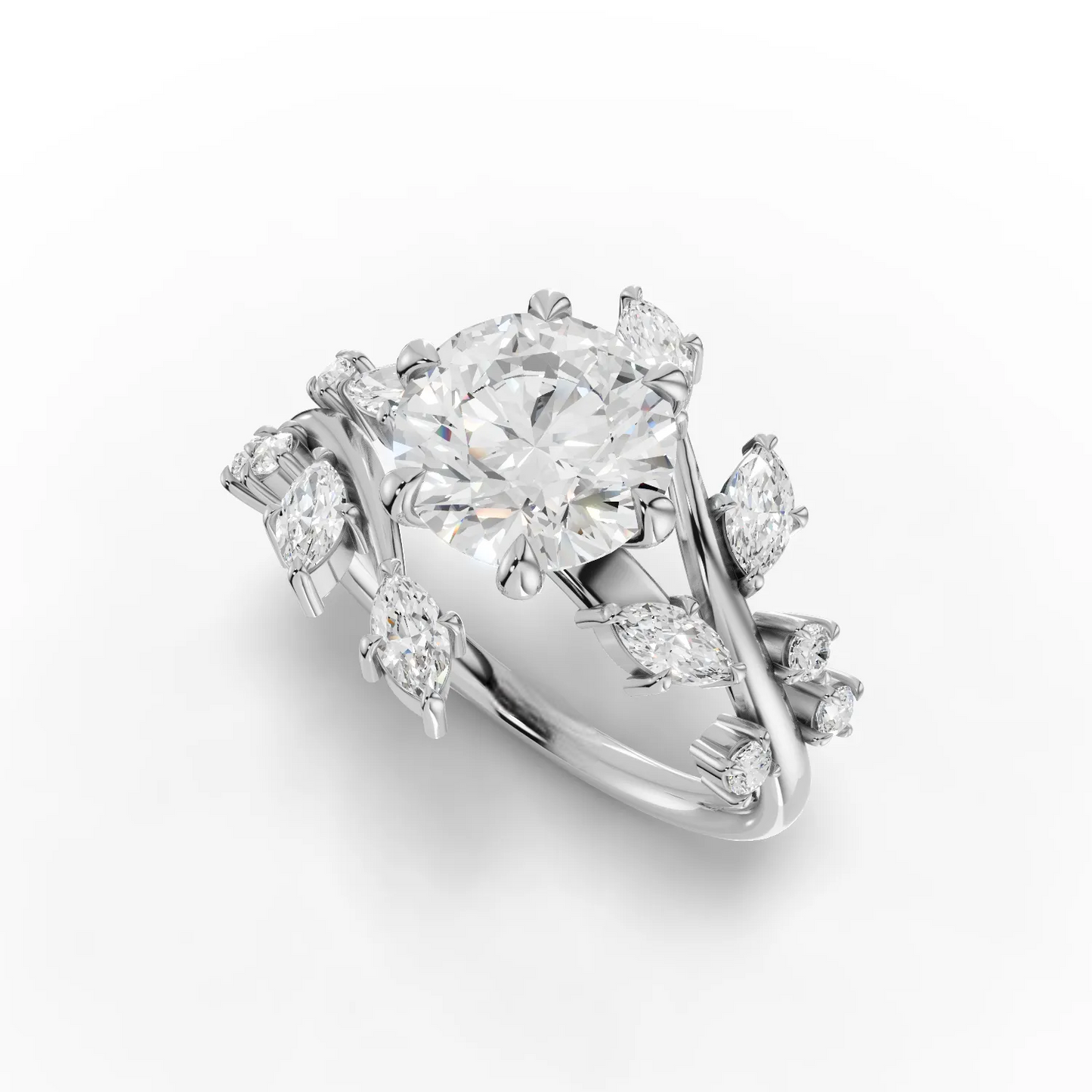 1.5 Carat Center Round, Marquise Cut Moissanite Diamond Engagement Ring