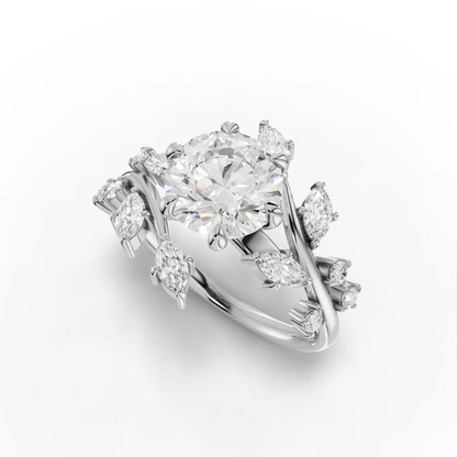 1.5 Carat Center Round, Marquise Cut Moissanite Diamond Engagement Ring